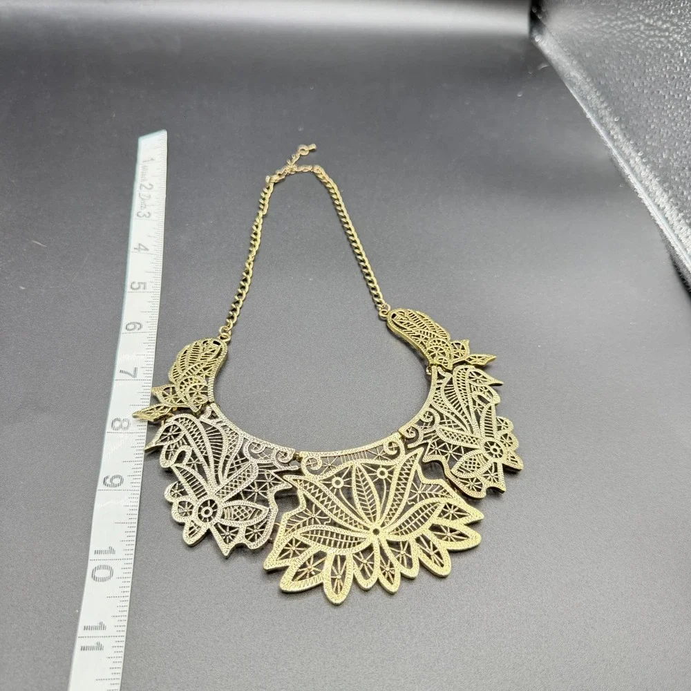 Antique Gold Tone Filigree Floral Bib Necklace Boho Statement Festival Jewelry